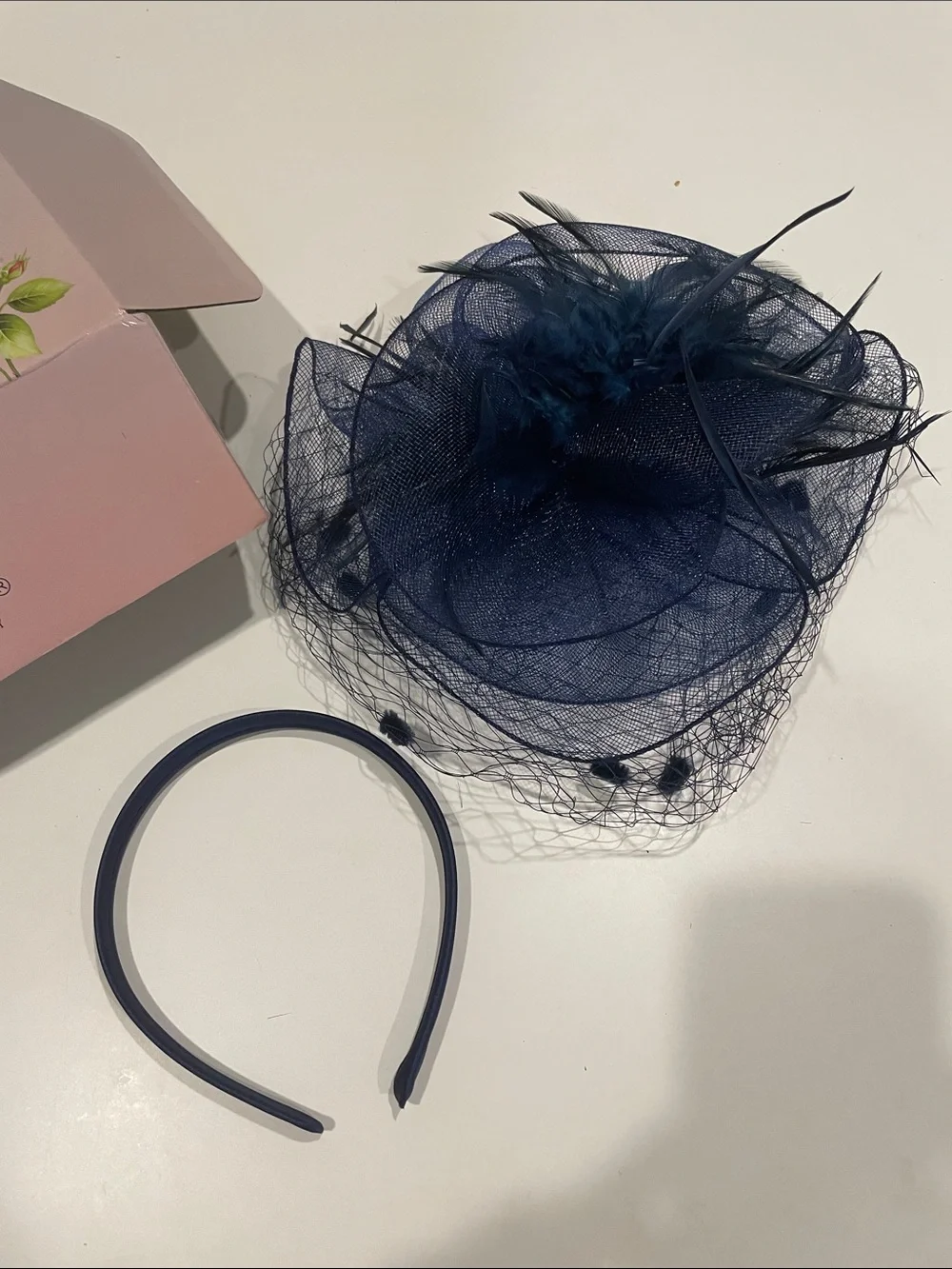 Navy Feathered Veil Headband Fascinator - Women Accessories
